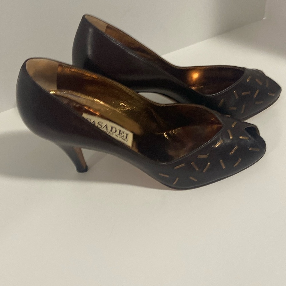 CASADEI…Italy  brown/gold peep, toe heels